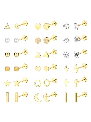 CASSIECA 18 Paar Chirurgische Edelstahl Ohrstecker Für Frauen Männer Knorpelohrringe Ohrstecker Kreuz Mond Stern Zirkon Kleine Ohrstecker Schraube Flache Rückseite Ohrringe Gold von CASSIECA