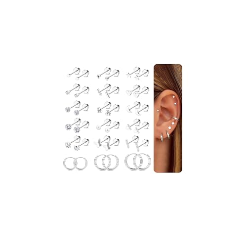 CASSIECA 18 Paar Ohrringe Set 316L Chirurgenstahl Medizinische Ohrstecker Klein Creolen Ohrringe Set Hypoallergene Silber Tragus Helix Piercings Ohr für Damen Herren von CASSIECA