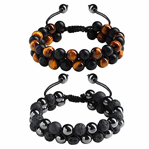 CASSIECA 2 Stück Perlenarmband für Herren Damen Naturstein Armband Tigerauge Schwarzes Obsidian Verstellbar Armband von CASSIECA