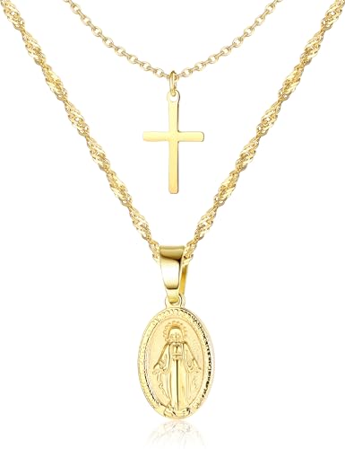 CASSIECA 2 Stück Kette Layered Damen Katholische Gold Halskette Singapurkette mit Anhänger Holy Mary Medaillon Medaille & Kreuz Religiöses Amulett Kommunion für Frauen Mädchen von CASSIECA