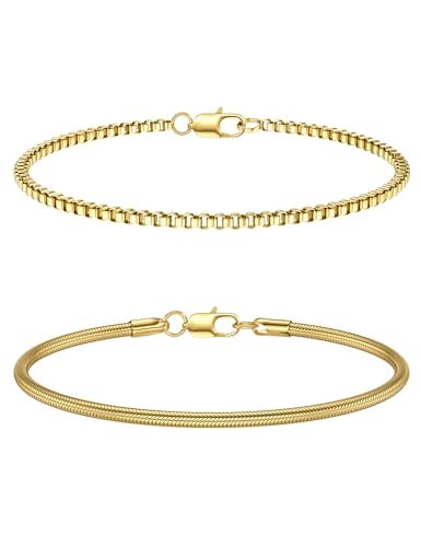 CASSIECA 2Pcs Herrenarmband Edelstahl Armband Herren Armband Herren Gold Stackable Kette Armband Box Schlange Herren Jungen Gold Schmuck Herren 19CM Geschenke für Papa Ehemann Sohn von CASSIECA