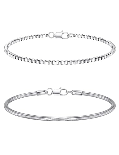CASSIECA 2Pcs Armband Herren Edelstahl Armband Herren Armband Herren Silber Stackable Kette Armband Box Schlange Herren Jungen Silber Schmuck Herren 19CM Geschenke für Papa Ehemann Sohn von CASSIECA