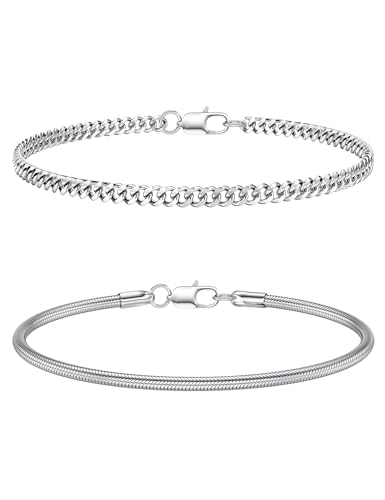 CASSIECA 2Pcs Herren Schmuck Edelstahl Armband Herren Armband Herren Silber Stackable Kette Armband Kubanische Schlange Herren Jungen Silber Schmuck Herren 21CM Geschenke für Papa Ehemann Sohn von CASSIECA