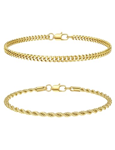 CASSIECA 2Pcs Armkette Herren Edelstahl Armband Herren Armband Herren Gold Stackable Kette Armband Kubanisches Seil Herren Jungen Gold Schmuck Herren 19CM Geschenke für Papa Ehemann Sohn von CASSIECA