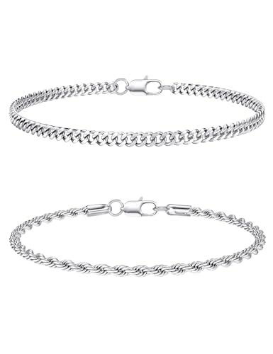 CASSIECA 2Pcs Edelstahl Armband für Herren Silber Stackable Kette Kubanisches Seil Schmuck 19CM Geschenke für Papa Ehemann Sohn von CASSIECA