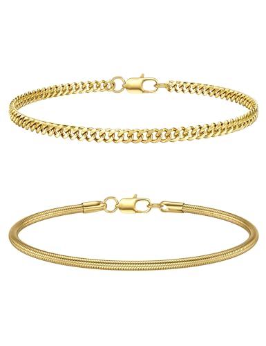 CASSIECA 2Pcs Silberarmband Herren Edelstahl Armband Herren Armband Herren Gold Stackable Kette Armband Kubanische Schlange Herren Jungen Gold Schmuck Herren 19CM Geschenke für Papa Ehemann Sohn von CASSIECA