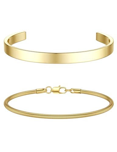 CASSIECA 2Pcs Herren Armband Edelstahl Armband Herren Armband Herren Gold Stackable Kette Armband Manschette Schlange Herren Jungen Gold Schmuck Herren 21CM Geschenke für Papa Ehemann Sohn von CASSIECA