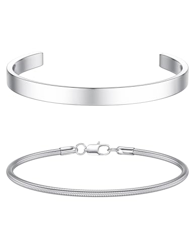 CASSIECA 2Pcs Armband Herren Silber Edelstahl Armband Herren Armband Herren Stackable Kette Armband Manschette Schlange Herren Jungen Silber Schmuck Herren 21CM Geschenke für Papa Ehemann Sohn von CASSIECA