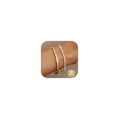 CASSIECA 2 Stück Armband Damen Schmuck Gold - Kristallen Tennis Armband Cubic Zirkonia Armreif für Frauen, Wasserfester Tennisarmband Edelstahl Armbänder Set Geschenke für Damen 16.5cm von CASSIECA