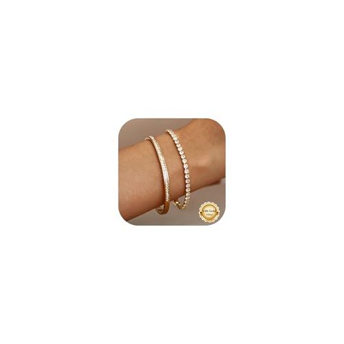 CASSIECA 2 Stück Armband Damen Schmuck Gold - Kristallen Tennis Armband Cubic Zirkonia Armreif für Frauen, Wasserfester Tennisarmband Edelstahl Armbänder Set Geschenke für Damen 19cm von CASSIECA