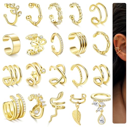 CASSIECA 20 Pcs Ear Cuff Set für Damen 14K Gold Ohrmanschette Ohrringe Fake Ohrringe Earcuffs Clip Ohrringe Non Piercing Helix Knorpel Wrap Cuff Ohrringe Ohrklemme von CASSIECA