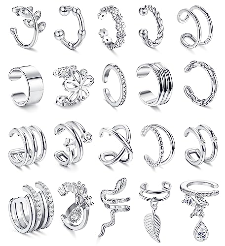 CASSIECA 20 Stück Ear Cuff Set Verstellbar Damen Ohrmanschette Ohrringe Knorpel Helix Ohrmanschette Wickelohrring Fakepircings Ohr Cuffs Silber von CASSIECA