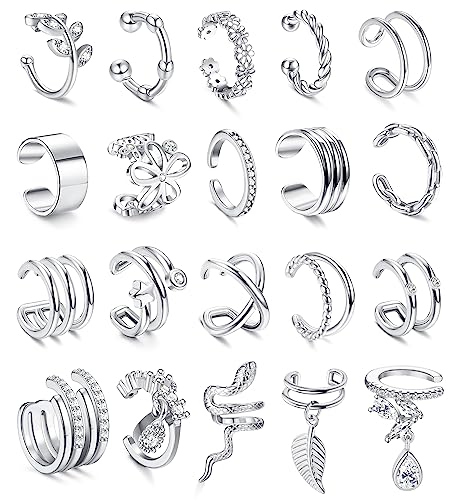 CASSIECA 20 Pcs Ear Cuff Set für Damen Silber Ohrmanschette Ohrringe Fake Ohrringe Earcuffs Clip Ohrringe Non Piercing Helix Knorpel Wrap Cuff Ohrringe Ohrklemme von CASSIECA