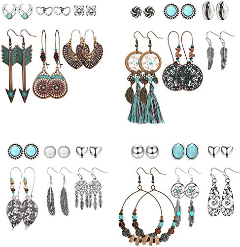 CASSIECA 24 Paar Hänge Ohrringe Set für Damen Mädchen Retro Silber Bronze Ohrringe mit Perle Hohlblatt Türkis Inlay Bohemian Statement Ohrringe Ethno Modeschmuck für Geburtstag/Party Geschenke von CASSIECA