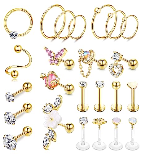 CASSIECA 24 Stück 16G Piercing Ohr Set Gold Helix Tragus Piercing Ohrringe für Frauen Chirurgenstahl Ohrringe Piercing Schmetterling Blume Ohr Piercing Ohrringe Ohrstecker Knorpel Ohrringe von CASSIECA