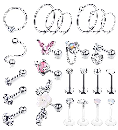 CASSIECA 24 Stück 16G Piercing Ohr Set Silber Helix Tragus Piercing Ohrringe für Frauen Chirurgenstahl Ohrringe Piercing Schmetterling Blume Ohr Piercing Ohrringe Ohrstecker Knorpel Ohrringe von CASSIECA