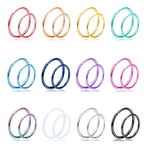 CASSIECA 24Pcs 20G Nasenpiercing Ring Nasenring Hoop Piercing Set für Frauen Männer Nasenpiercing Chirurgenstahl Fake Nasenring Nasen Piercing Ring Septum Ring Knorpel Ohrring Piercing Schmuck 8/10mm von CASSIECA