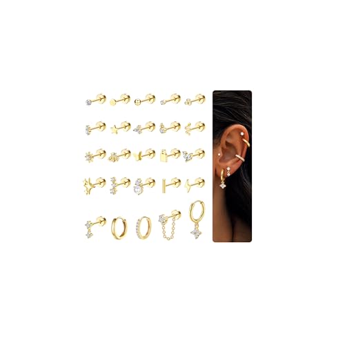 CASSIECA 25Pcs Helix Piercings Chirurgenstahl Medizinische Ohrringe für Damen,14K Vergoldet Ohrstecker Set,Klein Ohrringe Creolen Gold,Conch Tragus Piercing Ohr Schmuck für Mehrere Ohrlöcher von CASSIECA