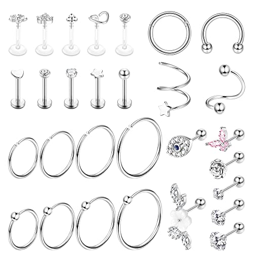 CASSIECA 29Pcs 16G Knorpelohrstecker Ohrstecker für Damen Herren Edelstahl CZ Labret Helix Piercing Tragus Ohrstecker Forward Conch Piercing Schmuck Set Silber von CASSIECA