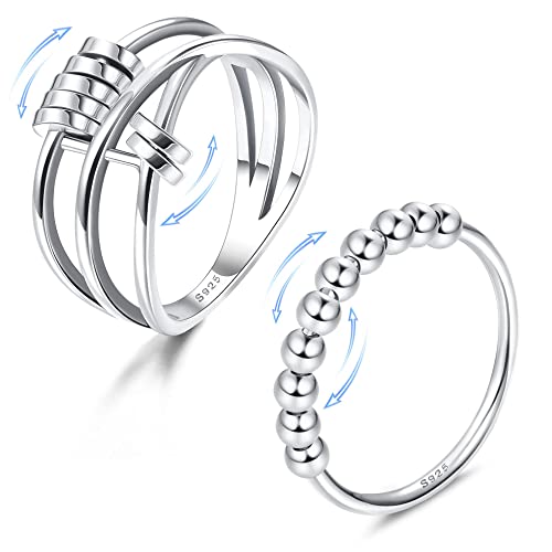 CASSIECA 2PCS 925 Sterling Silber Angst Spinnerei Ring mit Perlen für Damen Fidget Ringe für Angst Zappelringe für Angst Dünne Stapelbare Ringe Retro Band Ringe Ängstlichkeit Entlastung von CASSIECA