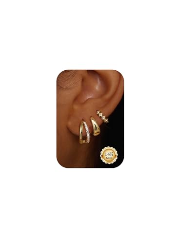 CASSIECA 3 Paar Ohrringe Gold Set für Damen 14K Vergoldet Ohrringe Creolen Chunky Stapelbar Hypoallergen Ohrringe Goldene Ohrringe Leichte Kleine Creolen für Mädchen von CASSIECA