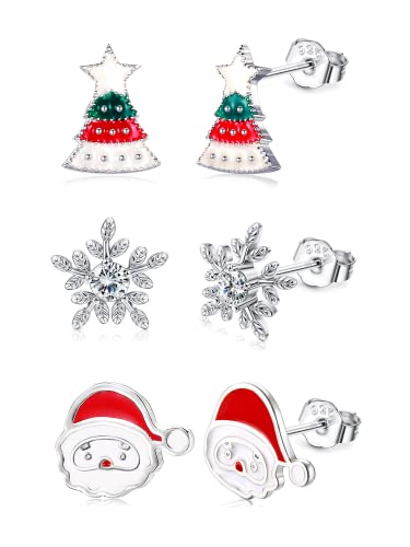 CASSIECA 3 Paar Ohrringe Weihnachten 925 Sterling Silber Weihnachtsohrstecker für Damen Mädchen Kinder Weihnachten Hirsch Ohrstecker Weihnachtsbaum Klein Ohrstecker Weihnachten Schmuck Geschenk von CASSIECA