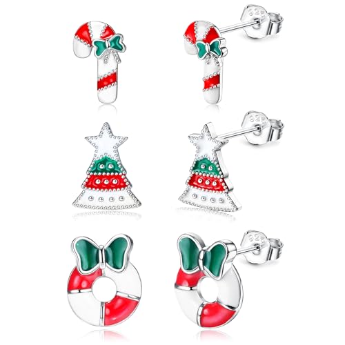 CASSIECA 3 Paare Silber Weihnachten Ohrringe für Damen Mädchen Hypoallergen Ohrstecker Weihnachten Set Weihnachtsmann Schneeflocke Weihnachtsbaum Ohrringe Weihnachtsschmuck (Geschenk Box) von CASSIECA