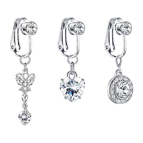 CASSIECA 3 Stück Fake Bauchnabelpiercing für Damen Frauen Bauchnabelpiercing Silber Bauchnabelpiercing Schmetterling Herz Mond Clip On Bauchnabelpiercing von CASSIECA