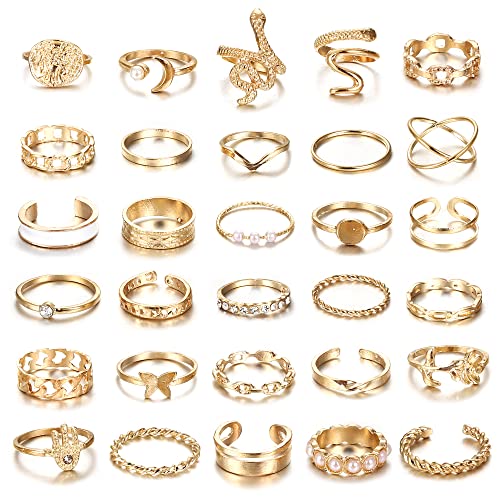 CASSIECA 30PCS Vintage Gold Knuckle Ringe Set Boho Schmetterlings Schlange Stapelbare Fingerringe für Frauen und Mädchen Silberne Midi Ringe von CASSIECA