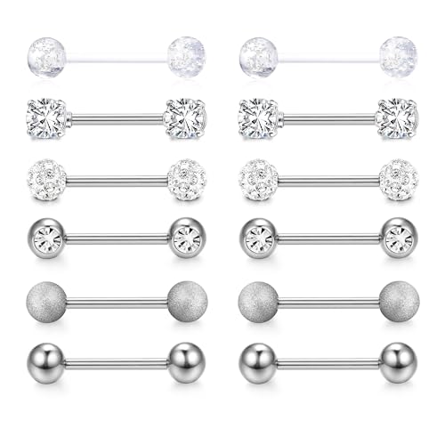 CASSIECA 12Pcs 14G Brustwarzenpiercing Silber Nippelpiercing für Frauen Zungenpiercing Brustwarzen Piercing Chirurgenstahl Nippelpiercing 18mm Stablänge Barbells Body Piercing von CASSIECA