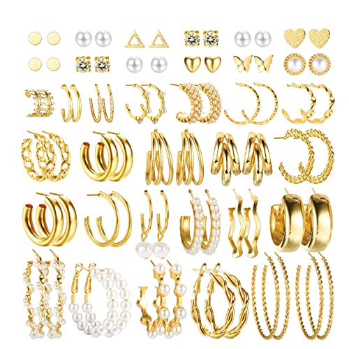 CASSIECA 36 Paar Gold Perlen Ohrringe Set für Damen Mädchen - Mode Kettenglied Creolen Ohrstecker Tropfen Boho Statement Acryl Hypoallergen Schmuck Geschenk für Geburtstagsfeier von CASSIECA