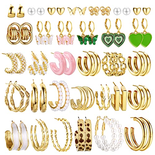 CASSIECA 32 Paar Gold Perlen Ohrringe Set für Damen Mädchen Mode Kettenglied Creolen Ohrstecker Tropfen Ohrringe Boho Statement Acryl Creolen Hypoallergen Ohrringe Geburtstagsfeier Schmuck Geschenk von CASSIECA