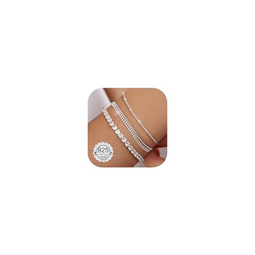 CASSIECA 3Pcs Armband Damen 925 Sterling Silber Armbänder Silver 925 Tennis Perlen Armband Set Verstellbare Stapelbare Kettenarmband Schmuck für Damen Mädchen von CASSIECA