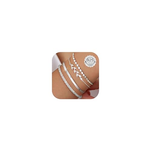 CASSIECA 3Pcs Armband Damen 925 Sterling Silber Armbänder Silver 925 Fischgräten Leaf Armband Set Verstellbare Stapelbare Kettenarmband Schmuck für Damen Mädchen von CASSIECA