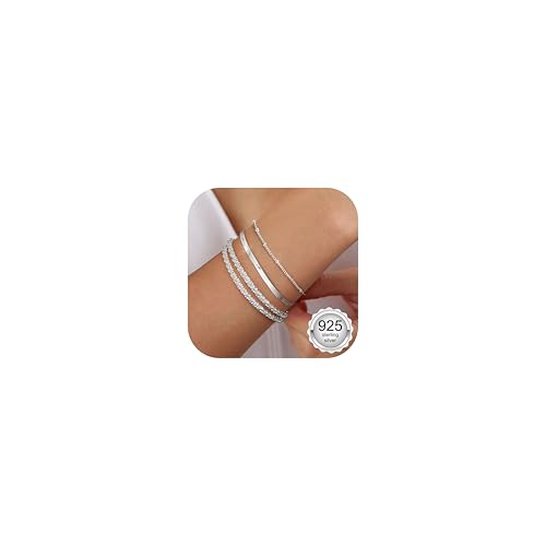 CASSIECA 3Pcs Armband Damen 925 Sterling Silber Armbänder Silver 925 Fischgräten Layered-Pieces Armband Set Verstellbare Stapelbare Kettenarmband Schmuck für Damen Mädchen von CASSIECA