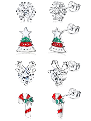 CASSIECA 4 Paar 925 Sterling Silber Ohrringe Weihnachten für Damen Mädchen Weihnachtsbaum Ohrringe Kranz Weihnachten Ohrringe Klein Ohrstecker Weihnachten Geschenke für Frauen Mädchen Kinder von CASSIECA