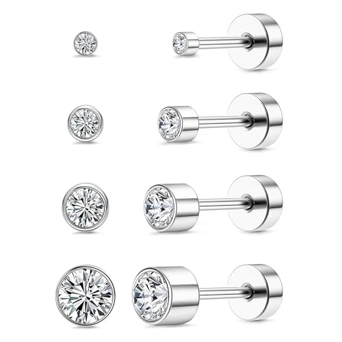 CASSIECA 4 Paar G23 Titan Ohrringe für Damen Herren Hypoallergen Ohrringe Medizinische Ohrstecker CZ Helix Piercings Silber Titan Ohrringe 2/3/4/5mm von CASSIECA