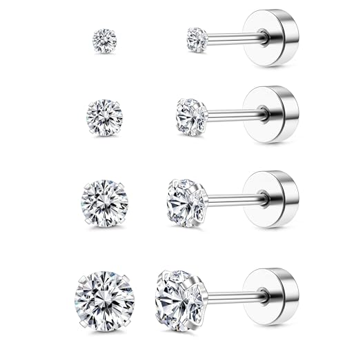 CASSIECA 4 Paar G23 Titan Ohrringe für Damen Herren Hypoallergen Ohrringe Medizinische Ohrstecker Zirkonia Helix Piercings Silber Titan Ohrringe 2/3/4/5mm von CASSIECA