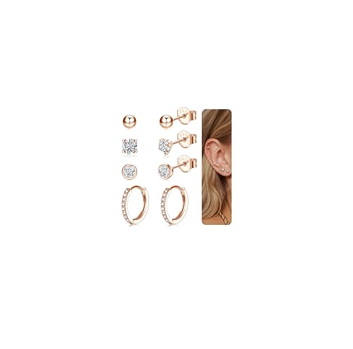 CASSIECA 4 Paar Ohrringe Silber 925 Ohrringe Set Ohrstecker Runde Zirkonia Ball für Damen Mädchen Zirkonia Ohrringe Silber Creolen Roségold von CASSIECA