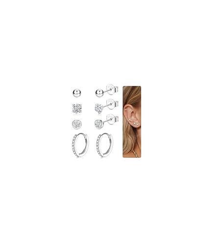 CASSIECA 4 Paar Ohrringe Silber 925 Ohrringe Set Ohrstecker Runde Zirkonia Ball für Damen Mädchen Zirkonia Ohrringe Silber Creolen Silber von CASSIECA