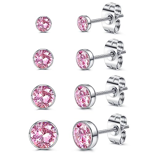 CASSIECA 4 Paar Titan Ohrstecker für Damen Mädchen Medizinische Ohrstecker Set Ohrringe Hypoallergen Kristall Titan Ohrringe Damen Kinder Rosa Zirkon Ohrringe 3/4/5/7mm von CASSIECA