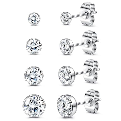 CASSIECA 4 Paar G23 Titan Ohrstecker für Damen Mädchen Medizinische Ohrstecker Set Klein Ohrringe Hypoallergen Weiß Zirkonia Ohrringe Damen Kinder Ohrringe 3/4/5/7mm von CASSIECA