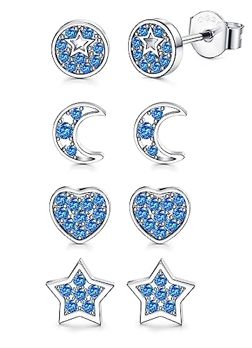 CASSIECA 4 Paare 925 Sterling Silber Ohrstecker für Mädchen Silber Kinder Schmuck Herz Blume Cubic Zirkonia Knorpel Ohrringe Set Hypoallergene Ohrstecker Schläfer Ohrringe von CASSIECA