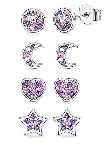 CASSIECA 4 Paare 925 Sterling Silber Ohrstecker für Mädchen Silber Kinder Schmuck Herz Blume Cubic Zirkonia Knorpel Ohrringe Set Hypoallergene Ohrstecker Schläfer Ohrringe von CASSIECA