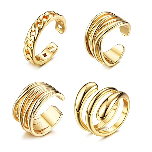 CASSIECA 4 Stück Klobige Ringe für Damen Herren Öffnen Dick Verdrehte Stapeln Band Ringe Einstellbar Modisch Minimalistisch Statement-Ring Gold von CASSIECA