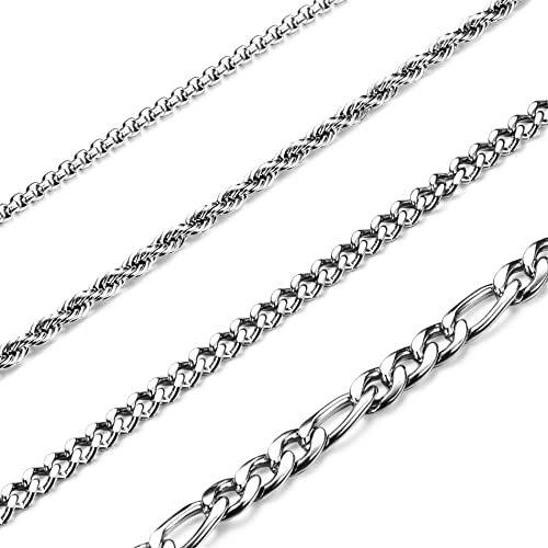 CASSIECA 4PCS Edelstahl Kette Halskette für Männer Frauen Silber Seilkette für Anhänger Kubanische Gliederkette Figaro Rolo Halskette Set (51cm) von CASSIECA