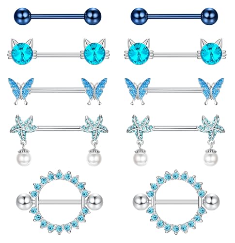 CASSIECA 5 Paar 14G Nippelpiercing Chirurgenstahl für Damen Brustwarzenpiercing Zungenpiercing Edelstahl Nippel Piercing Blau von CASSIECA