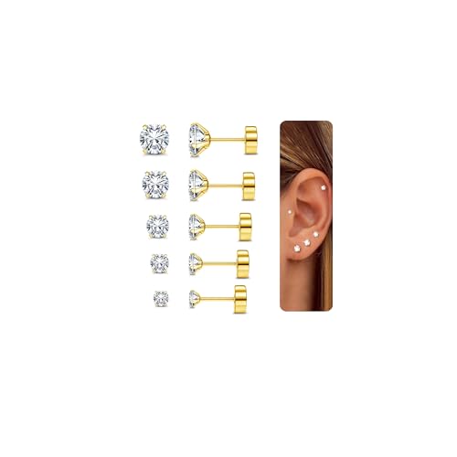 CASSIECA 5 Paare 18G Edelstahl CZ Ohrstecker für Damen Herren Knorpel Helix Ohrringe Set Runder Zirkonia Screwback Flat Back Ohrstecker Piercing von CASSIECA