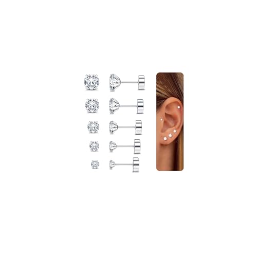 CASSIECA 5 Paare 18G Edelstahl CZ Ohrstecker für Damen Herren Knorpel Helix Ohrringe Set Runder Zirkonia Screwback Flat Back Ohrstecker Piercing von CASSIECA