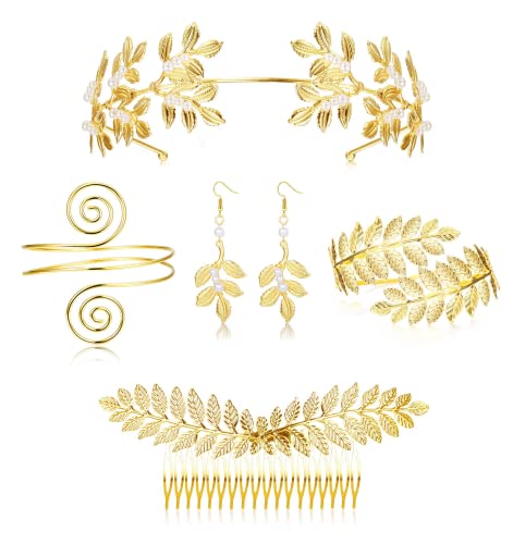 CASSIECA 5 Sets Griechische Göttin Kostüm Schmuck Set Für Damen Römischen Lorbeerblätter Diadem Stirnband Haarkamm Ohrringe Spirale Oberarm Armbänder Gold Hochzeit Braut Schmuck Set von CASSIECA